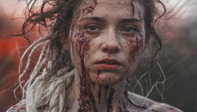 1girl,solo,long hair,looking at viewer,blue eyes,brown hair,black hair,brown eyes,closed mouth,braid,parted lips,blurry,lips,blood,blurry background,messy hair,portrait,injury,blood on face,realistic,1boy,male focus,black eyes,floating hair,expressionless,close-up