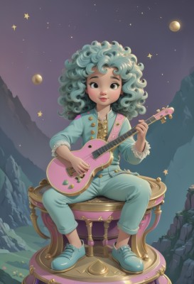 1girl,solo,long hair,looking at viewer,brown eyes,sitting,full body,green hair,sky,shoes,pants,dark skin,spread legs,star (symbol),black eyes,dark-skinned female,lips,night,moon,instrument,star (sky),night sky,starry sky,curly hair,music,guitar,playing instrument,afro,smile,outdoors,artist name,aqua hair,watermark,chair,sneakers,mountain,aqua footwear