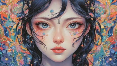 1girl,solo,long hair,looking at viewer,bangs,blue eyes,black hair,jewelry,closed mouth,flower,earrings,lips,grey eyes,eyelashes,makeup,facial mark,gem,portrait,close-up,red lips,eye focus,lipstick,eyeshadow,fish,straight-on,goldfish