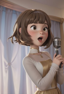 1girl,solo,blush,short hair,open mouth,bangs,skirt,brown hair,shirt,long sleeves,dress,holding,brown eyes,jewelry,white shirt,upper body,teeth,indoors,necklace,lips,upper teeth only,bob cut,curtains,microphone,freckles,music,brown dress,holding microphone,singing,breasts,tongue,blurry,window,thick eyebrows,brown skirt,realistic,nose