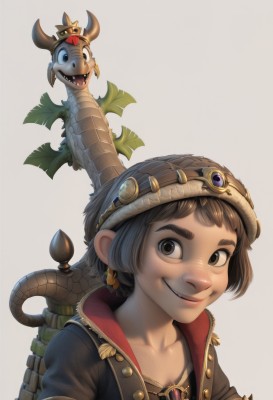 1girl,solo,looking at viewer,smile,short hair,open mouth,simple background,brown hair,black hair,brown eyes,jewelry,collarbone,jacket,upper body,earrings,horns,teeth,grey background,grin,animal,thick eyebrows,androgynous,freckles,1boy,hat,white background,male focus,bag,leaf,backpack,helmet,goggles,gem,portrait,realistic,fantasy,dragon