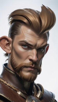 solo,looking at viewer,short hair,blue eyes,blonde hair,simple background,brown hair,1boy,white background,closed mouth,male focus,armor,lips,grey eyes,facial hair,portrait,beard,realistic,nose,mustache,manly,ahoge,pointy ears,mohawk