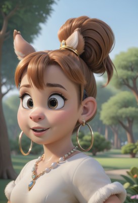 1girl,solo,breasts,smile,open mouth,bangs,brown hair,shirt,animal ears,brown eyes,jewelry,white shirt,upper body,ponytail,flower,short sleeves,earrings,small breasts,outdoors,parted lips,sky,teeth,day,necklace,hair bun,blurry,tree,blue sky,lips,fur trim,depth of field,blurry background,upper teeth only,single hair bun,nature,freckles,hoop earrings,pearl necklace,blush,short hair,artist name,eyelashes,gem,nose,deer ears