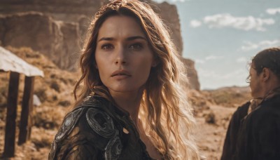 1girl,long hair,looking at viewer,blonde hair,brown hair,black hair,1boy,brown eyes,upper body,outdoors,parted lips,sky,solo focus,day,cloud,armor,blurry,blue sky,lips,depth of field,blurry background,wavy hair,curly hair,realistic,nose,fantasy,blue eyes,sunlight,shoulder armor,portrait