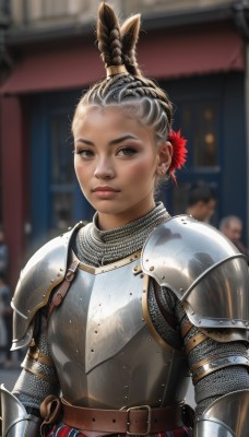 1girl,looking at viewer,short hair,hair ornament,brown eyes,jewelry,closed mouth,upper body,weapon,flower,white hair,grey hair,earrings,outdoors,solo focus,belt,sword,hair flower,armor,blurry,lips,blurry background,feathers,shoulder armor,gauntlets,freckles,pauldrons,breastplate,nose,stud earrings,brown belt,feather hair ornament,knight,full armor,gorget,chainmail,plate armor,boobplate,solo,black hair,braid,multiple boys,dark skin,dark-skinned female,piercing,realistic,undercut,mohawk,dreadlocks