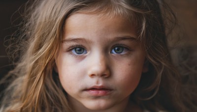 1girl,solo,long hair,looking at viewer,blue eyes,blonde hair,closed mouth,parted lips,lips,grey eyes,eyelashes,messy hair,portrait,close-up,freckles,brown background,realistic,nose,brown hair,brown eyes,expressionless