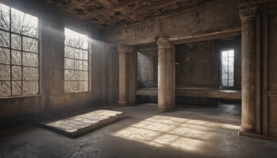 outdoors,day,indoors,tree,no humans,window,sunlight,scenery,light rays,door,wall,ruins,pillar,bare tree,hallway,column,snow,sunbeam,floor,arch