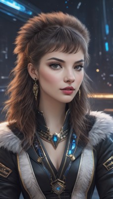 1girl,solo,long hair,breasts,looking at viewer,brown hair,cleavage,brown eyes,jewelry,medium breasts,jacket,upper body,earrings,parted lips,necklace,blurry,lips,coat,fur trim,eyelashes,makeup,blurry background,lipstick,gem,eyeshadow,realistic,nose,red lips,bangs,artist name,black jacket