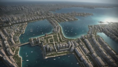 outdoors,water,no humans,ocean,from above,building,scenery,science fiction,city,cityscape,watercraft,ruins,sky,day,petals,aircraft,horizon,ship,skyscraper,landscape,island