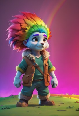 solo,smile,shirt,1boy,brown eyes,closed mouth,standing,full body,male focus,red hair,multicolored hair,boots,outdoors,green hair,pants,artist name,orange hair,vest,fur trim,brown footwear,thick eyebrows,grass,looking up,child,furry,sunset,furry male,male child,body fur,rainbow,fur,animal nose,brown vest,rainbow hair,1girl,animal ears,blue hair,jacket,open clothes,sky,belt,two-tone hair,colored skin,watermark,web address,open vest