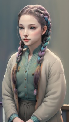 1girl,solo,long hair,blush,blue eyes,skirt,brown hair,shirt,black hair,long sleeves,jewelry,closed mouth,blue hair,upper body,purple hair,braid,multicolored hair,earrings,open clothes,collared shirt,artist name,twin braids,two-tone hair,lips,coat,eyelashes,makeup,buttons,looking away,own hands together,lipstick,hair over shoulder,forehead,freckles,realistic,nose,hair tie,green shirt,red lips,stud earrings,looking afar,breasts,hair ornament,green eyes,jacket,gradient hair,pink lips,aqua shirt