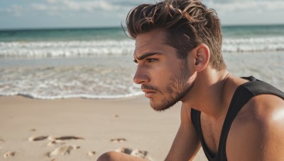 solo,short hair,brown hair,black hair,1boy,closed mouth,upper body,male focus,outdoors,day,water,blurry,from side,muscular,blurry background,facial hair,ocean,beach,tank top,pectorals,muscular male,bara,beard,mature male,realistic,mustache,sand,stubble,chest hair,black tank top,arm hair,bare shoulders,brown eyes,sky,cloud,portrait,close-up,shore