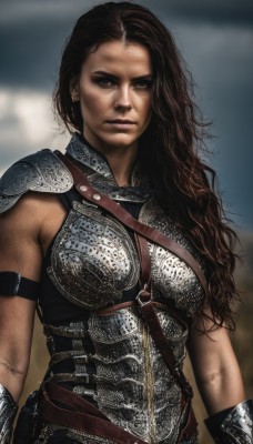 1girl,solo,long hair,breasts,looking at viewer,brown hair,black hair,gloves,brown eyes,jewelry,medium breasts,upper body,weapon,earrings,belt,sword,armor,blurry,lips,blurry background,wavy hair,shoulder armor,freckles,curly hair,pauldrons,breastplate,realistic,strap,dirty,chainmail,scar,serious