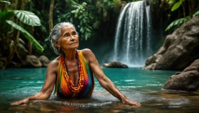 HQ,1girl,solo,breasts,smile,large breasts,cleavage,bare shoulders,brown eyes,jewelry,medium breasts,closed mouth,upper body,white hair,grey hair,outdoors,day,dark skin,water,necklace,blurry,dark-skinned female,tree,wet,blurry background,looking away,plant,nature,partially submerged,rock,realistic,old,waterfall,old woman,swimsuit,hair bun,lips,leaf,single hair bun,beads,mature female,bead necklace,pearl necklace,wrinkled skin