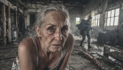 1girl,breasts,looking at viewer,short hair,blue eyes,1boy,cleavage,closed mouth,weapon,white hair,grey hair,multiple boys,solo focus,indoors,blurry,lips,gun,window,tank top,holding gun,realistic,ruins,old,dirty,old man,dirty face,old woman,green eyes,male focus,mole,ground vehicle,soldier,wrinkled skin