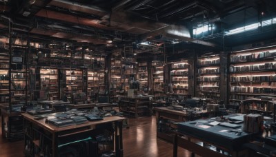 indoors,book,no humans,window,chair,table,sunlight,scenery,desk,light rays,wooden floor,bookshelf,lamp,shelf,library,ceiling,ladder,ceiling light,science fiction,cable,computer,monitor