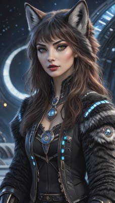 1girl,solo,long hair,breasts,looking at viewer,bangs,brown hair,gloves,long sleeves,animal ears,cleavage,brown eyes,jewelry,medium breasts,jacket,yellow eyes,upper body,parted lips,open clothes,belt,artist name,cat ears,necklace,blurry,lips,coat,fur trim,fox ears,makeup,blurry background,wavy hair,lipstick,brooch,gem,nose,red lips,black hair,eyelashes,wolf ears,pendant,fur