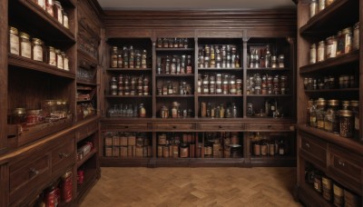 indoors,cup,no humans,bottle,scenery,alcohol,drinking glass,wooden floor,stool,shelf,wine bottle,bar (place),counter,whiskey,box,jar,shop,ceiling light