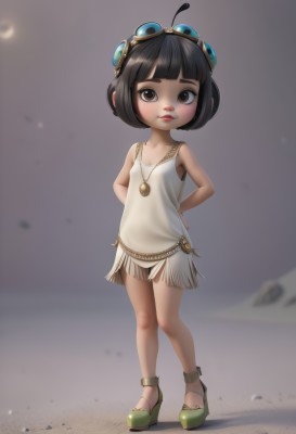 1girl,solo,looking at viewer,short hair,bangs,black hair,dress,bare shoulders,brown eyes,jewelry,closed mouth,standing,full body,ahoge,shoes,sleeveless,artist name,blunt bangs,necklace,white dress,high heels,flat chest,lips,bare arms,loli,arms behind back,short dress,bob cut,goggles,child,pendant,goggles on head,hands on hips,female child,green footwear,sandals,tank top