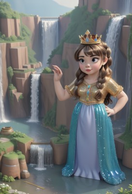 1girl,solo,long hair,blush,smile,bangs,skirt,brown hair,shirt,dress,brown eyes,jewelry,closed mouth,standing,braid,short sleeves,outdoors,sky,day,hand up,water,necklace,black eyes,twin braids,blue skirt,hand on hip,blue dress,crown,plant,gem,hair over shoulder,wading,long skirt,potted plant,waterfall,flower pot,breasts,blue eyes,full body,flower,artist name,lips,watermark,tiara,aged down,child,freckles,long dress,red lips,female child,mini crown,princess,fine art parody