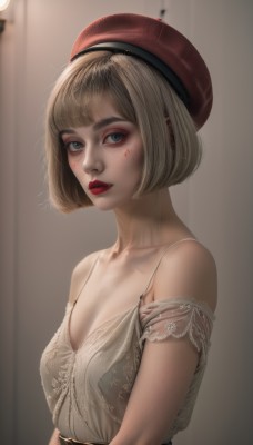 1girl,solo,breasts,looking at viewer,short hair,bangs,blue eyes,blonde hair,shirt,hat,dress,cleavage,bare shoulders,jewelry,underwear,collarbone,upper body,earrings,small breasts,parted lips,teeth,belt,artist name,indoors,blunt bangs,off shoulder,bra,blurry,lips,eyelashes,makeup,beret,piercing,bob cut,lipstick,ear piercing,lace trim,lace,red headwear,strap slip,freckles,realistic,nose,red lips,spaghetti strap,mascara,medium breasts,from side,eyeshadow