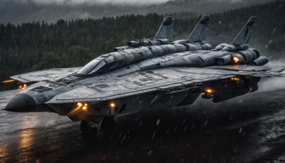 outdoors,sky,cloud,signature,tree,military,no humans,cloudy sky,nature,forest,flying,science fiction,rain,realistic,aircraft,military vehicle,airplane,watercraft,vehicle focus,spacecraft,lights,jet,fighter jet,water