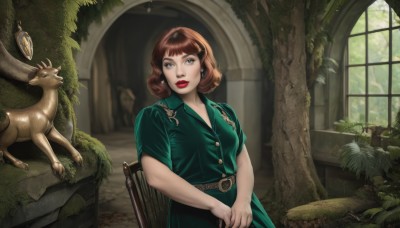 1girl,solo,breasts,looking at viewer,short hair,bangs,brown hair,dress,brown eyes,jewelry,sitting,short sleeves,earrings,day,belt,indoors,tree,lips,window,makeup,animal,chair,own hands together,plant,lipstick,curly hair,green dress,green shirt,red lips,deer,shirt,parted lips,realistic