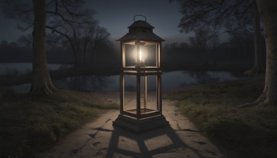 outdoors,sky,water,tree,no humans,night,shadow,grass,nature,night sky,scenery,forest,lantern,light,road,lamp,dark,lamppost,bare tree,path,reflection