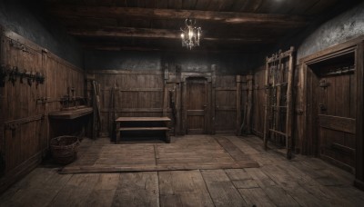 indoors,no humans,scenery,wooden floor,stairs,door,light,candle,ceiling,candlestand,chandelier,crate,wall,ceiling light,wooden wall