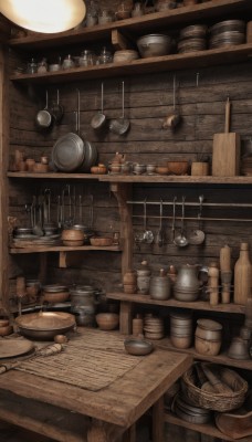 food,indoors,cup,no humans,table,bottle,knife,steam,scenery,plate,bowl,spoon,basket,cooking,shelf,ladle,kitchen,still life,wooden table,jar,bar (place),spatula,counter,barrel,ceiling light