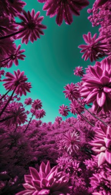 flower,outdoors,sky,day,cloud,signature,tree,blue sky,no humans,leaf,plant,cherry blossoms,nature,scenery,pink flower,pink theme,still life,sunlight,grass