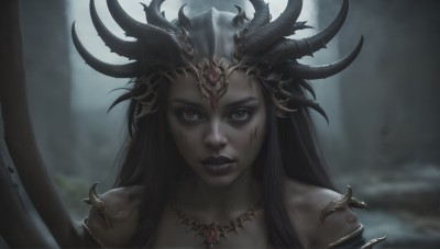 HQ,1girl,solo,long hair,looking at viewer,black hair,bare shoulders,brown eyes,jewelry,closed mouth,collarbone,upper body,horns,artist name,dark skin,necklace,blurry,dark-skinned female,lips,makeup,blurry background,lipstick,gem,portrait,realistic,grey skin,straight-on,black lips,teeth,orange eyes,sharp teeth,messy hair,close-up,injury,dirty