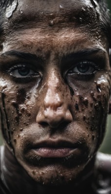 solo,looking at viewer,blue eyes,black hair,1boy,closed mouth,male focus,black eyes,lips,grey eyes,facial hair,portrait,close-up,realistic,manly,dirty