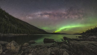 outdoors,sky,cloud,water,tree,no humans,night,grass,star (sky),nature,night sky,scenery,forest,starry sky,reflection,rock,mountain,river,landscape,horizon,aurora,milky way