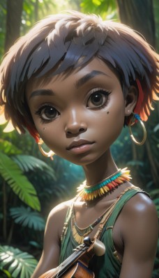 1girl,solo,looking at viewer,short hair,brown hair,black hair,bare shoulders,brown eyes,jewelry,closed mouth,collarbone,upper body,multicolored hair,earrings,outdoors,day,dark skin,necklace,mole,blurry,black eyes,dark-skinned female,tree,lips,eyelashes,mole under eye,blurry background,leaf,instrument,nature,web address,forest,freckles,hoop earrings,nose,very short hair,holding instrument,very dark skin,tribal,blue hair,sunlight,thick eyebrows,tank top,plant,facepaint