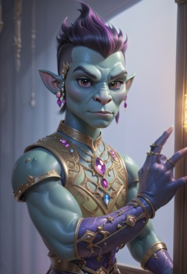 solo,looking at viewer,short hair,gloves,1boy,brown eyes,jewelry,upper body,purple hair,male focus,earrings,parted lips,pointy ears,artist name,indoors,hand up,fingerless gloves,necklace,armor,muscular,colored skin,ring,gem,blue skin,green skin,mohawk,eyebrow cut,black hair,piercing,thick eyebrows,realistic,very short hair,undercut