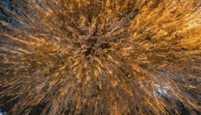 outdoors,sky,day,cloud,blue sky,no humans,glowing,traditional media,sunlight,scenery,science fiction,explosion,dutch angle,from above,star (sky),orange background,space,orange theme,destruction