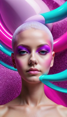 1girl,solo,long hair,looking at viewer,blue eyes,closed mouth,green eyes,collarbone,ponytail,pink hair,white hair,nude,multicolored hair,two-tone hair,lips,eyelashes,makeup,lipstick,portrait,eyeshadow,realistic,nose,eyeliner,mascara,rainbow hair,upper body,artist name,pink background,space