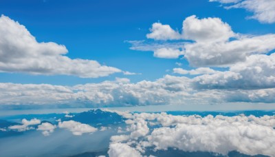 monochrome,outdoors,sky,day,cloud,water,blue sky,no humans,ocean,cloudy sky,scenery,reflection,blue theme,horizon,landscape,above clouds