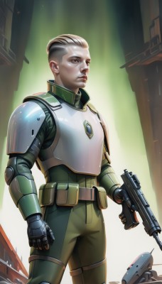 solo,looking at viewer,blonde hair,gloves,1boy,holding,brown eyes,standing,weapon,male focus,belt,signature,holding weapon,armor,lips,gun,military,robot,holding gun,mecha,rifle,science fiction,pouch,realistic,nose,very short hair,undercut,cyborg,power armor,energy gun,mohawk,black hair,white hair,artist name,uniform,ground vehicle,motor vehicle,assault rifle,submachine gun