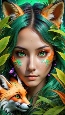 1girl,solo,long hair,looking at viewer,animal ears,jewelry,closed mouth,green eyes,earrings,green hair,artist name,lips,animal ear fluff,fox ears,eyelashes,makeup,animal,leaf,watermark,facial mark,plant,lipstick,slit pupils,portrait,close-up,eyeshadow,freckles,nose,fox,web address,forehead,realistic