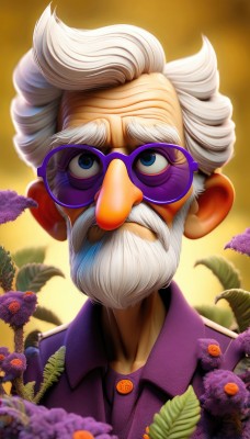 solo,looking at viewer,blue eyes,shirt,1boy,upper body,flower,white hair,male focus,outdoors,glasses,collared shirt,blurry,blurry background,facial hair,leaf,sunglasses,portrait,beard,realistic,round eyewear,mustache,purple flower,purple shirt,old,old man,artist name,signature,eyelashes,makeup,buttons,depth of field,watermark,thick eyebrows,web address,backlighting,nose,purple jacket,wrinkled skin