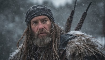 solo,long hair,blue eyes,brown hair,1boy,hat,upper body,weapon,male focus,outdoors,blurry,gun,looking to the side,blurry background,facial hair,looking away,portrait,rifle,beard,snow,snowing,realistic,winter,weapon on back,looking at viewer,closed mouth,lying,cape,black eyes,fur trim,depth of field,scar,on stomach,scar on face,serious,mustache,manly,fur cape