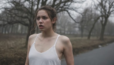 1girl,solo,breasts,looking at viewer,open mouth,blue eyes,brown hair,dress,bare shoulders,jewelry,upper body,small breasts,outdoors,parted lips,teeth,necklace,white dress,blurry,tree,blurry background,tank top,freckles,realistic,dirty,photo background,sleeveless,mole,lips,camisole,bare tree,white camisole,body freckles