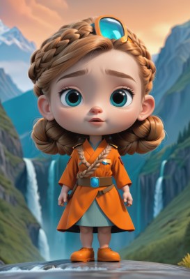 1girl,solo,long hair,looking at viewer,blue eyes,blonde hair,brown hair,long sleeves,dress,standing,full body,braid,boots,outdoors,parted lips,sky,shoes,belt,water,blurry,aqua eyes,lips,blurry background,child,freckles,mountain,female child,crown braid,waterfall,orange footwear,open mouth,japanese clothes,artist name,kimono,thick eyebrows,aged down