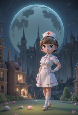 1girl,solo,looking at viewer,smile,short hair,blue eyes,brown hair,hat,dress,green eyes,standing,full body,flower,short sleeves,heart,outdoors,sky,shoes,socks,white dress,tree,lips,hand on hip,wrist cuffs,night,brown footwear,moon,grass,cross,building,star (sky),night sky,mary janes,full moon,starry sky,nurse cap,nurse,castle,red cross,brown eyes,black eyes,kneehighs,white socks,house