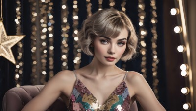 1girl,solo,breasts,looking at viewer,short hair,bangs,blonde hair,brown hair,bare shoulders,brown eyes,jewelry,sitting,underwear,collarbone,upper body,earrings,star (symbol),blurry,lips,looking to the side,grey eyes,makeup,lipstick,camisole,realistic,nose,red lips,blue eyes,bra,chair,floral print