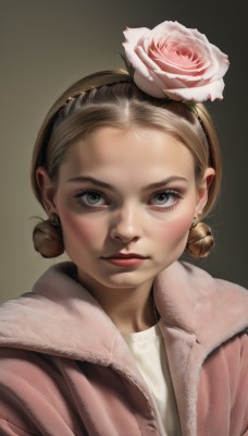 1girl,solo,looking at viewer,short hair,blonde hair,simple background,brown hair,shirt,hair ornament,brown eyes,jewelry,closed mouth,jacket,white shirt,upper body,flower,hairband,earrings,hair flower,hair bun,lips,coat,grey eyes,fur trim,double bun,makeup,rose,portrait,pink flower,freckles,realistic,nose,pink jacket,pink rose,pink coat,gradient background,eyelashes,single hair bun