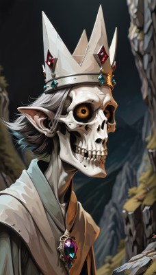 solo,short hair,1boy,holding,jewelry,upper body,grey hair,male focus,outdoors,teeth,pointy ears,blurry,from side,mask,blurry background,crown,gem,1other,colored sclera,skull,robe,black sclera,skeleton,elf,bone