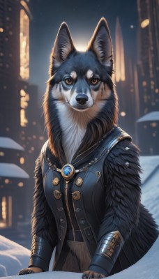 solo,looking at viewer,animal ears,brown eyes,jewelry,outdoors,sky,artist name,necklace,blurry,coat,no humans,night,blurry background,animal,scar,brooch,gauntlets,building,gem,night sky,furry,snow,colored sclera,snowing,city,body fur,animal focus,wolf,black fur,1girl,breasts,closed mouth,upper body,signature,depth of field,dog